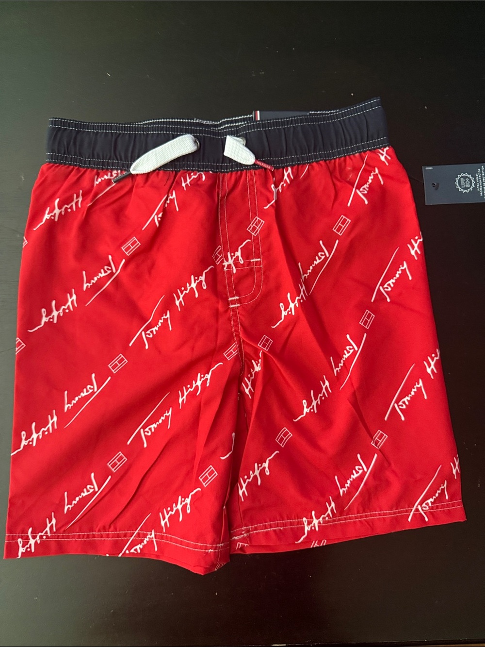 Tommy Hilfiger Red Logo-Print Kids Swim Shorts with Navy Waistband